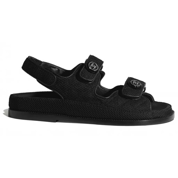 Chanel 21C Black Fabric Silver Logo Mule Slide Strap Flat Teva Dad Sandal 35.5 - Picture 3 of 12